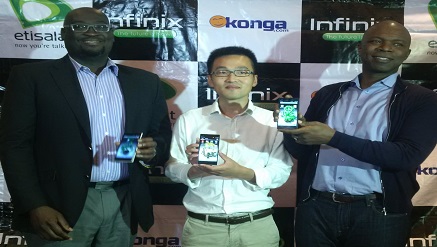(L-r): Lai Onafowokan, head, Devices & Terminals, Etisalat Nigeria, Benjamin Jiang, managing director of Infinix Mobility and Sim Shagaya, chief executive officer of Konga at the launch of InfinixZERO in Lagos on Wednesday.